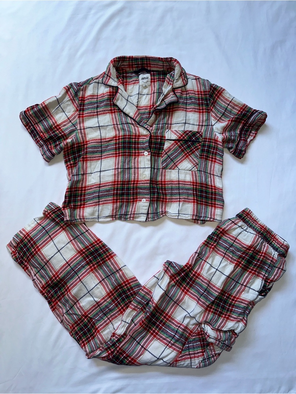 aerie Red, White & Green Plaid Short-Sleeve Womens Pajama Set